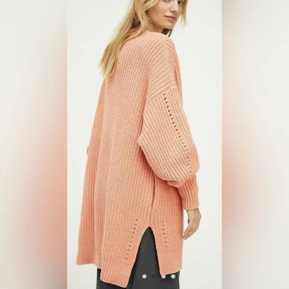 NWOT Free People Nightingale Cardigan S Peach Orange New Sweater $108 Pockets - Picture 3 of 7